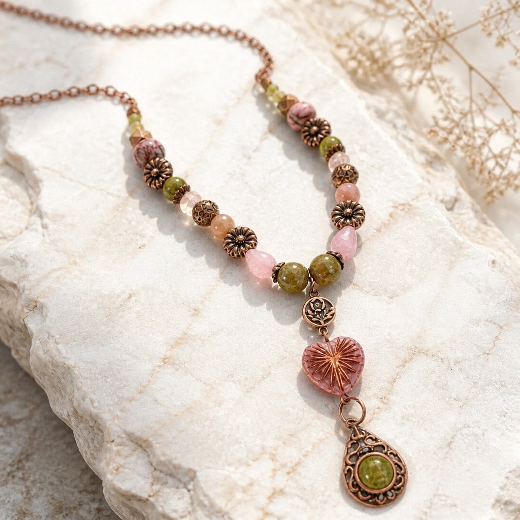 Copper, Unakite, & Rhodonite Necklace