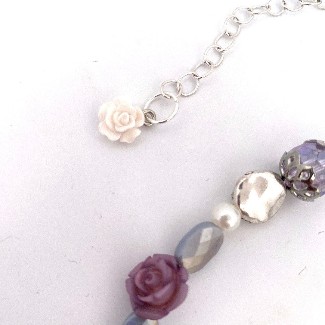 Sparkly Purple Beaded Necklace: Bow Pendant, Amethyst Gemstones
