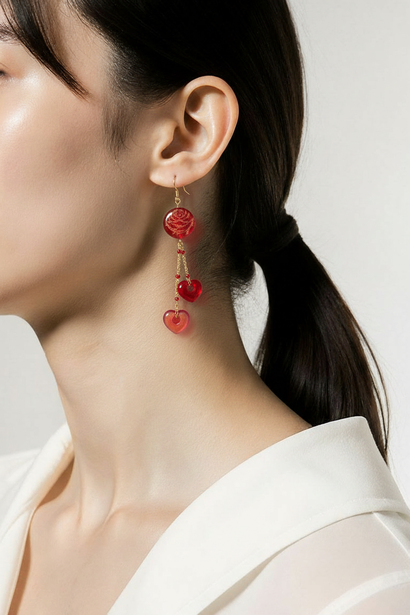 Red Rose Heart Earrings: Czech Glass, Gold Plated, Hypoallergenic