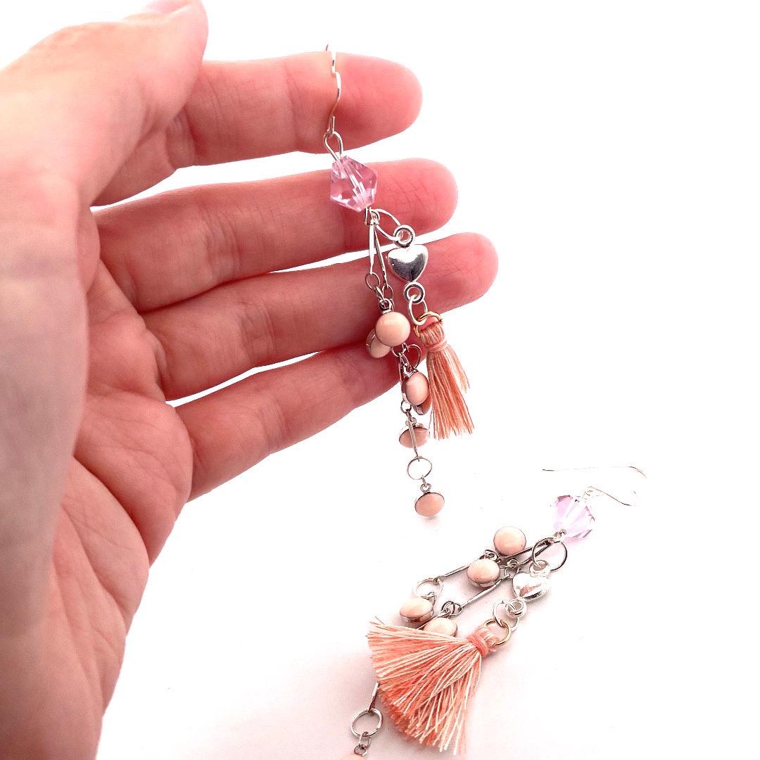 Pale Pink Tassel Earrings: Enamel Chain, Sterling Silver Hearts