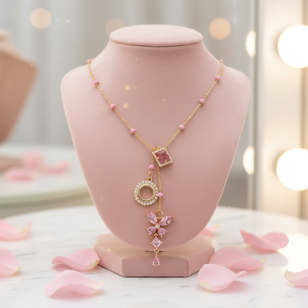 Pink Cubic Zirconia Butterfly Pendant: OOAK Handmade Necklace with Rhodonite Gemstone