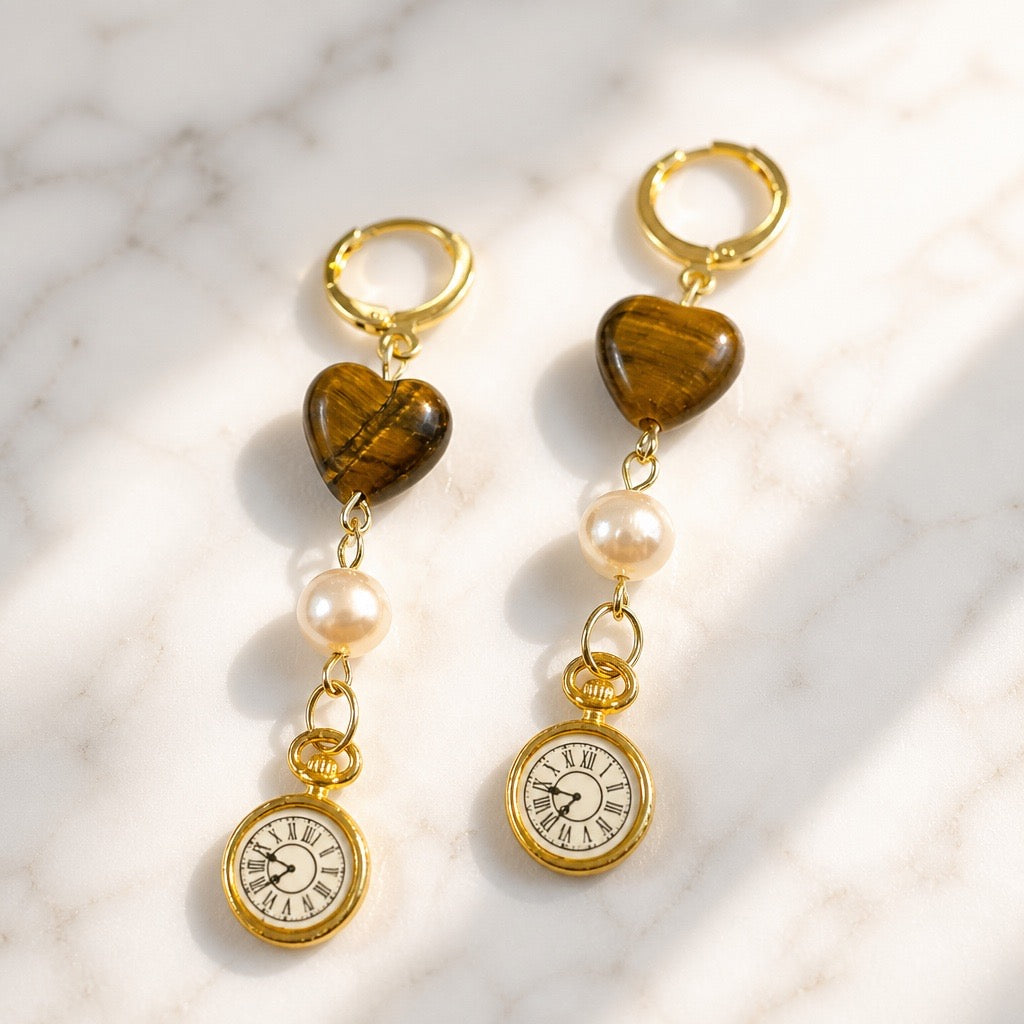 Pearl & Tigers Eye Pocket Watch Earrings