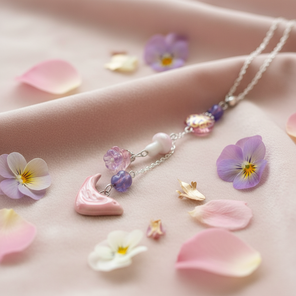 Floral Porcelain Pink Bird Necklace: Mushroom Accent, One of a Kind