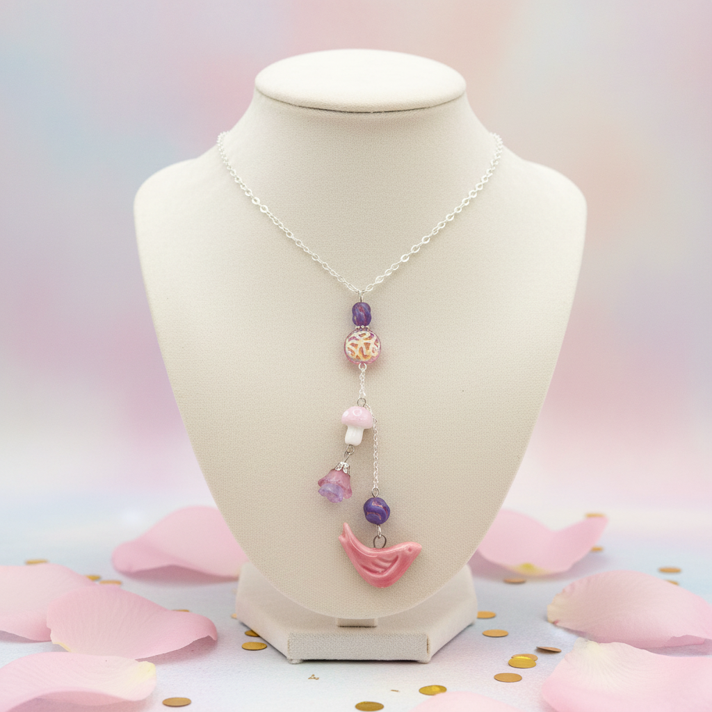 Floral Porcelain Pink Bird Necklace: Mushroom Accent, One of a Kind