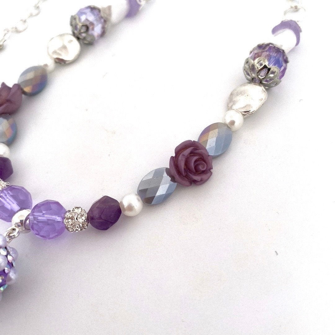 Sparkly Purple Beaded Necklace: Bow Pendant, Amethyst Gemstones