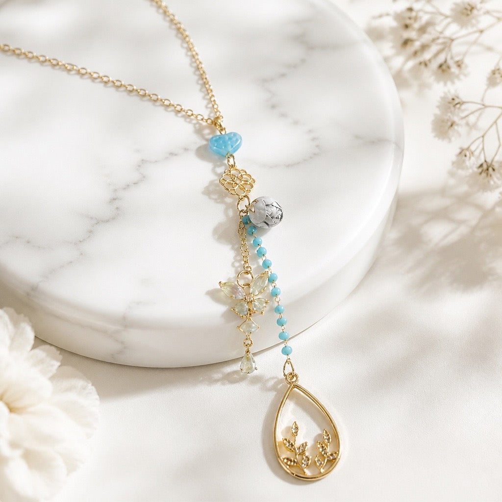 Light Blue Floral Butterfly Necklace