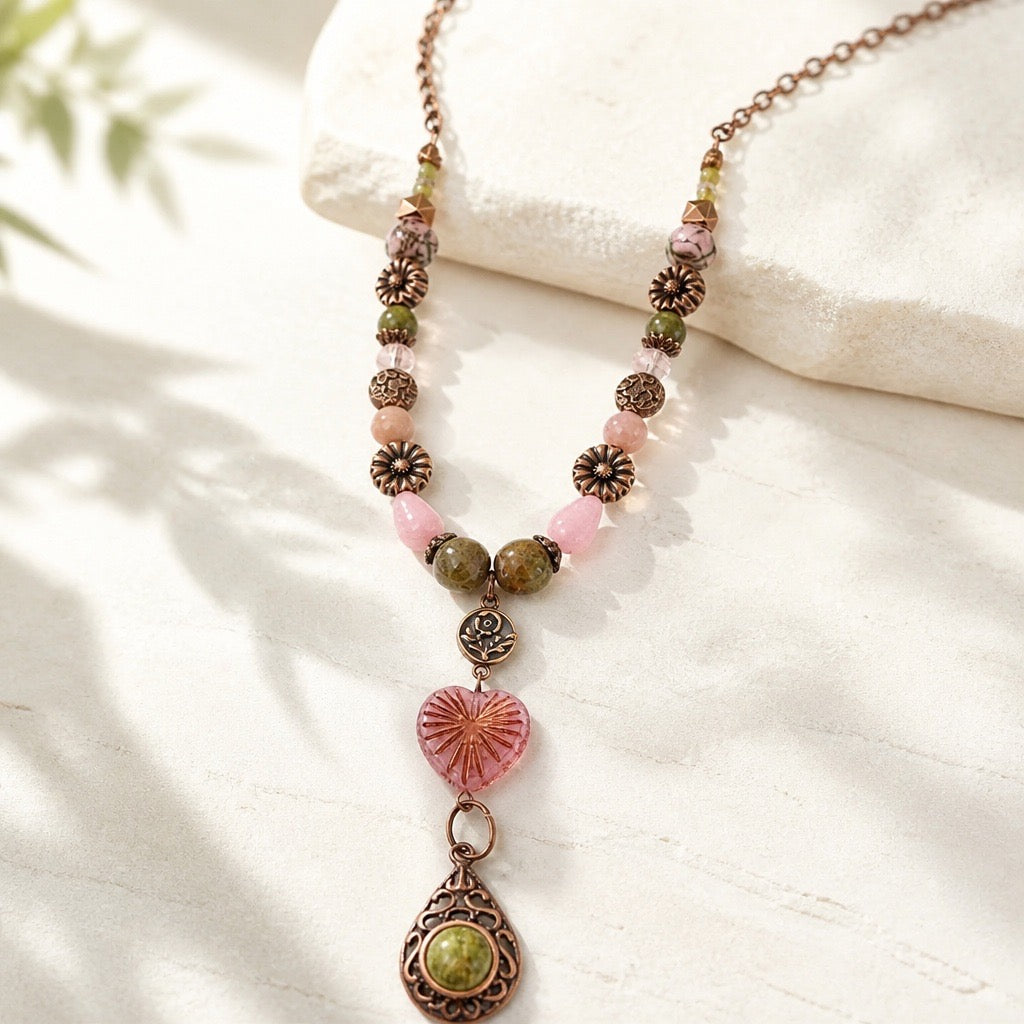 Copper, Unakite, & Rhodonite Necklace
