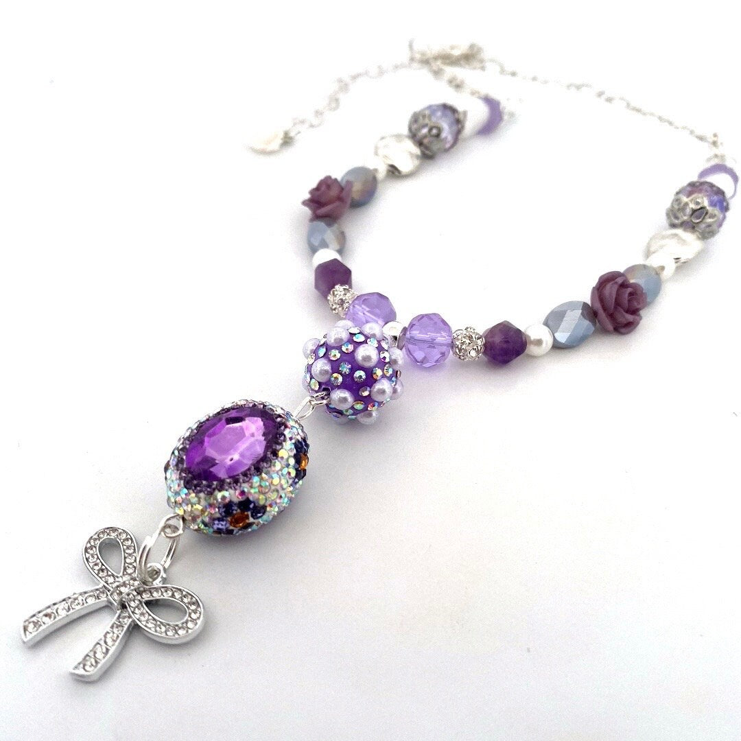 Sparkly Purple Beaded Necklace: Bow Pendant, Amethyst Gemstones