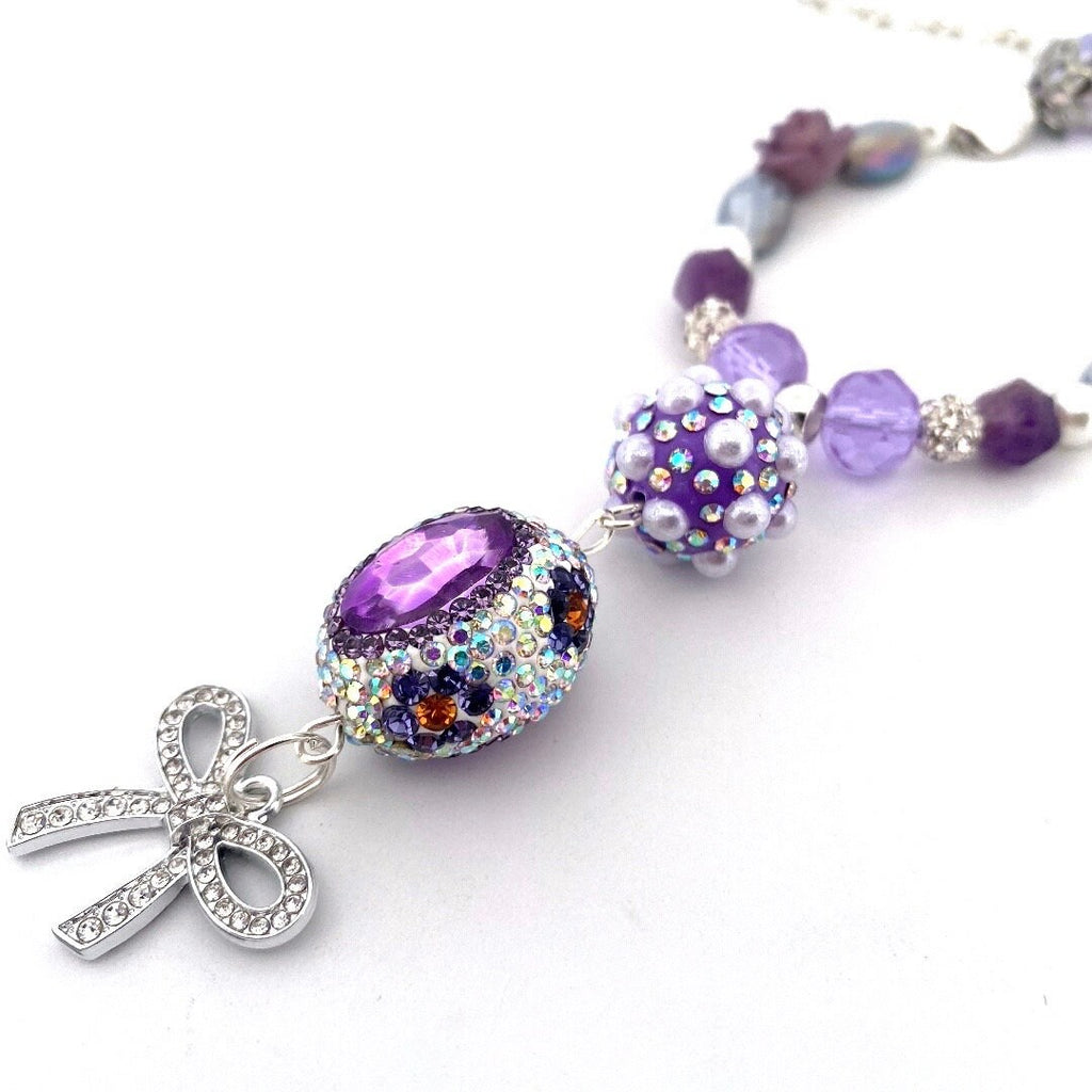 Sparkly Purple Beaded Necklace: Bow Pendant, Amethyst Gemstones