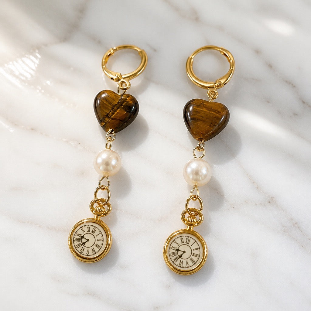 Pearl & Tigers Eye Pocket Watch Earrings