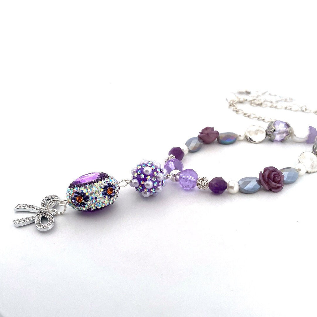 Sparkly Purple Beaded Necklace: Bow Pendant, Amethyst Gemstones