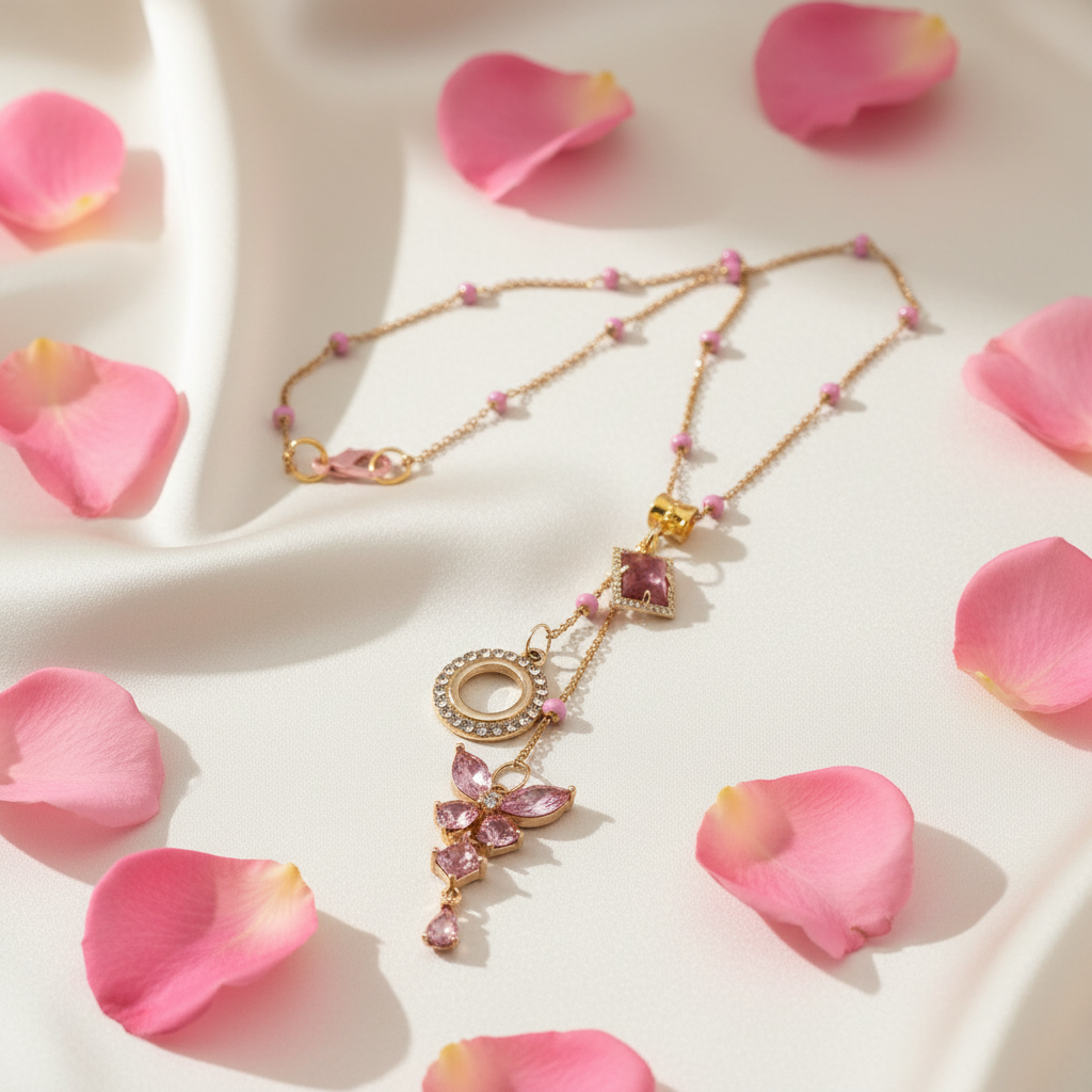 Pink Cubic Zirconia Butterfly Pendant: OOAK Handmade Necklace with Rhodonite Gemstone