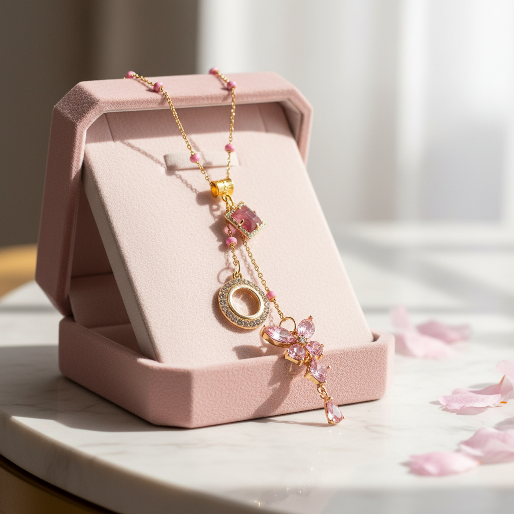 Pink Cubic Zirconia Butterfly Pendant: OOAK Handmade Necklace with Rhodonite Gemstone