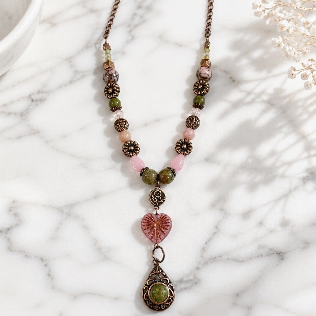 Copper, Unakite, & Rhodonite Necklace