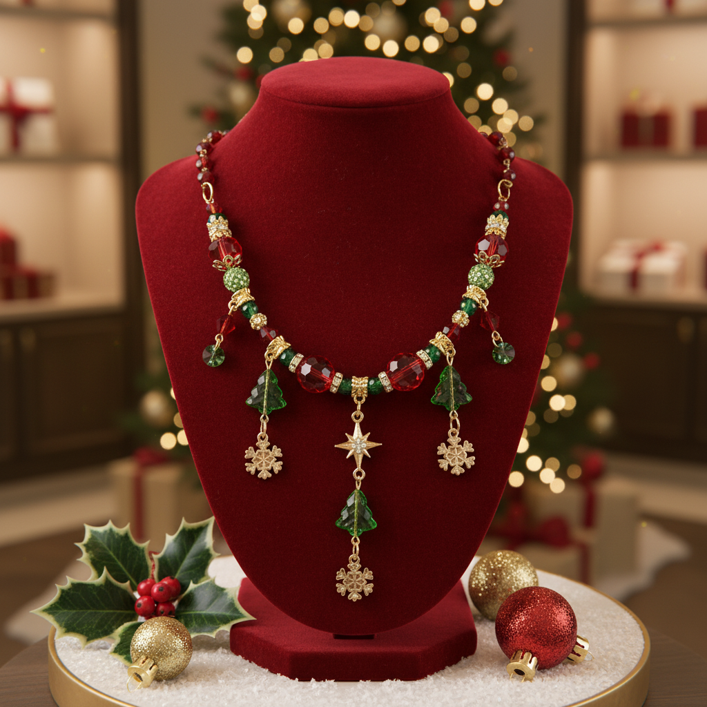 Christmas Tree Statement Necklace with Snowflake Dangles