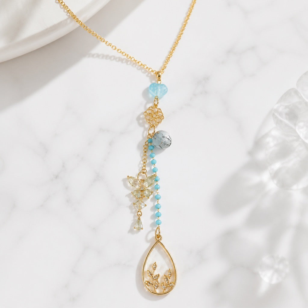 Light Blue Floral Butterfly Necklace