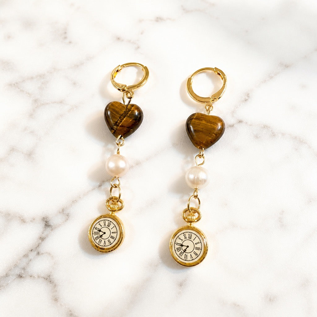 Pearl & Tigers Eye Pocket Watch Earrings