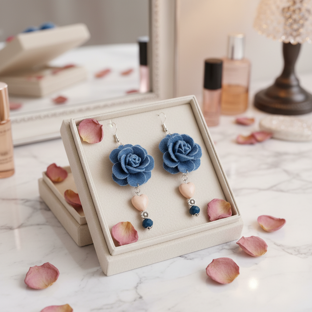 Southwestern Cowgirl Earrings: Large Denim Blue Roses with Heart Crystals