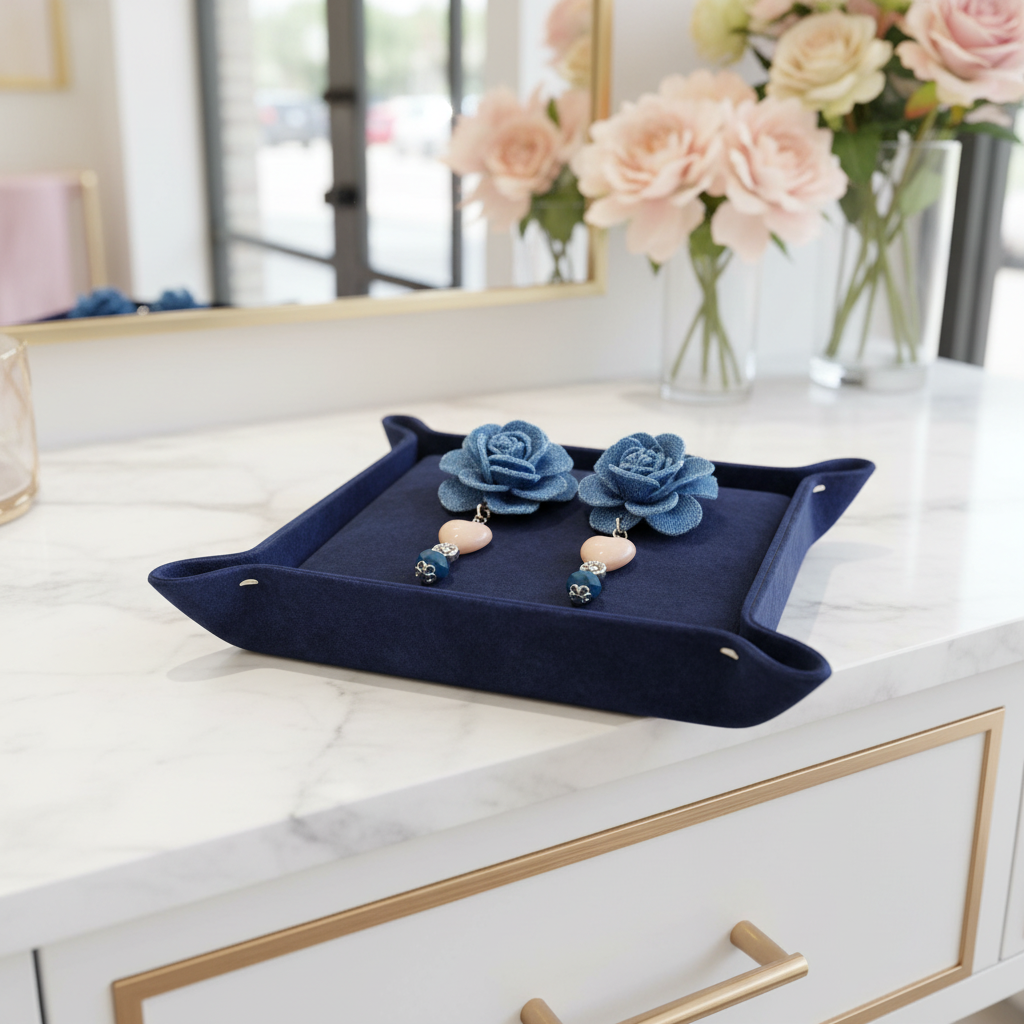 Southwestern Cowgirl Earrings: Large Denim Blue Roses with Heart Crystals