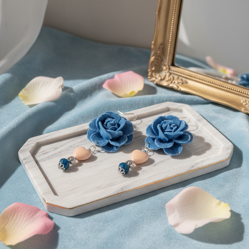 Southwestern Cowgirl Earrings: Large Denim Blue Roses with Heart Crystals