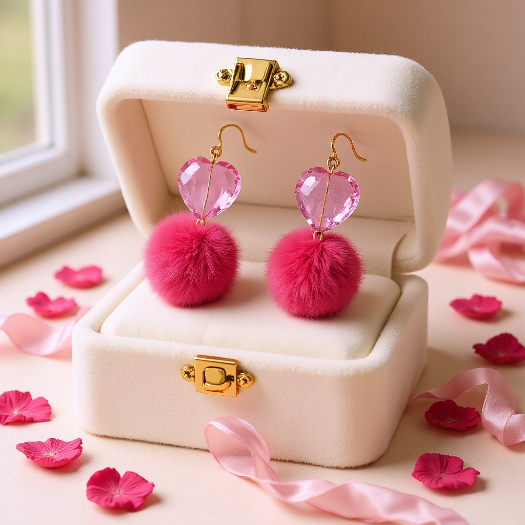 Pink Faux Fur Pom and Heart Earrings