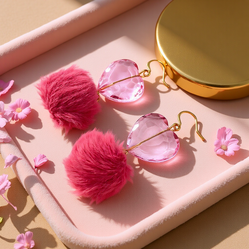 Pink Faux Fur Pom and Heart Earrings