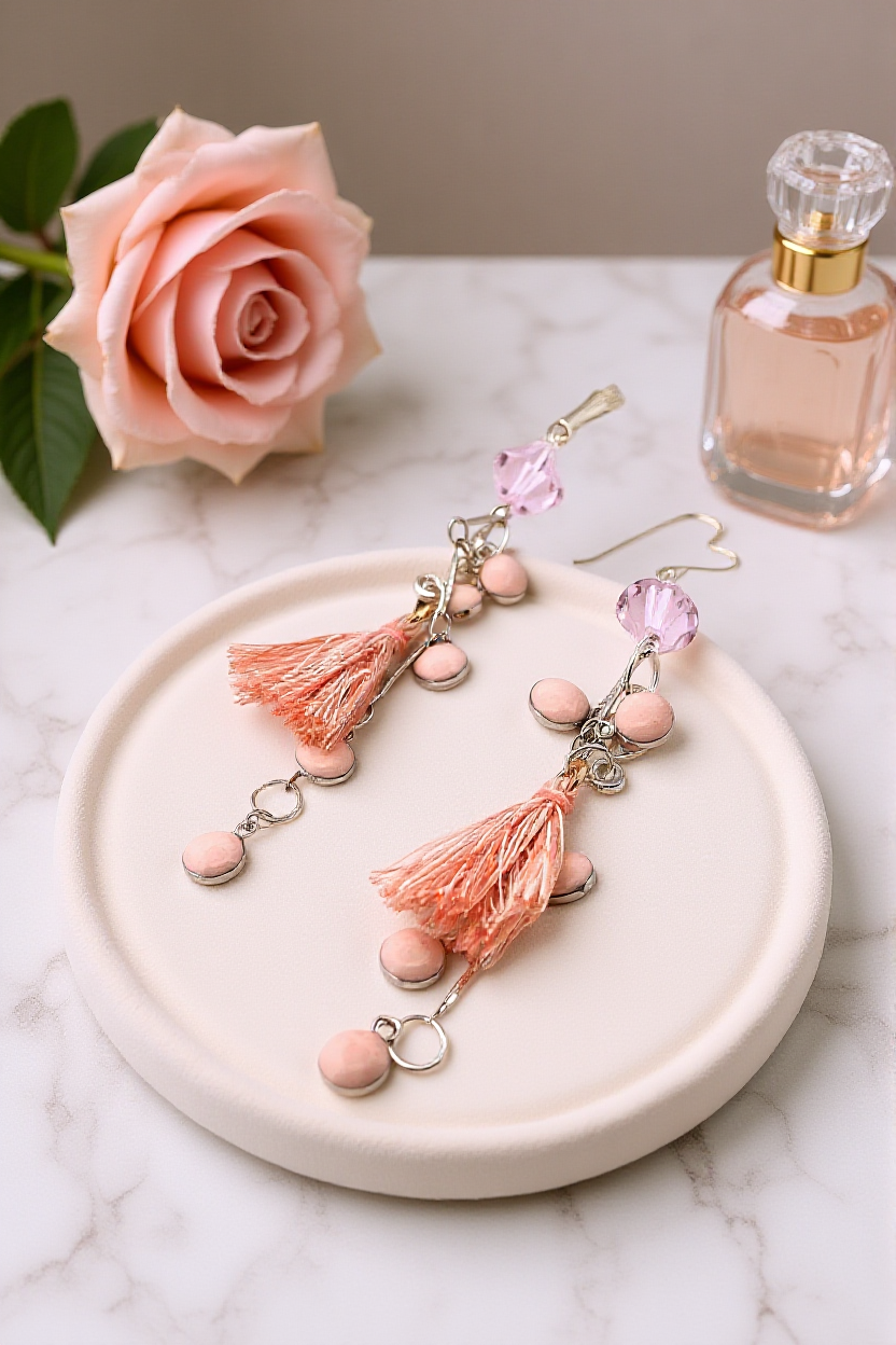 Pale Pink Tassel Earrings: Enamel Chain, Sterling Silver Hearts
