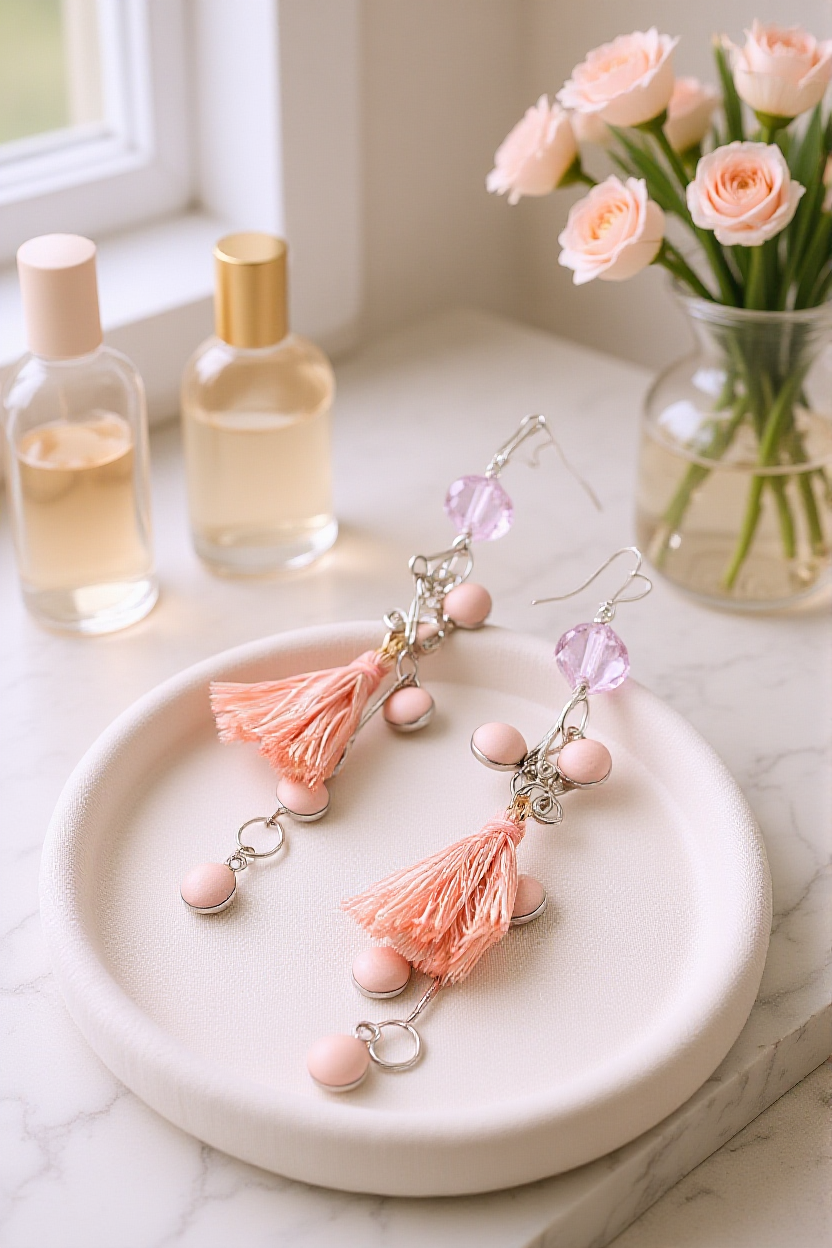 Pale Pink Tassel Earrings: Enamel Chain, Sterling Silver Hearts