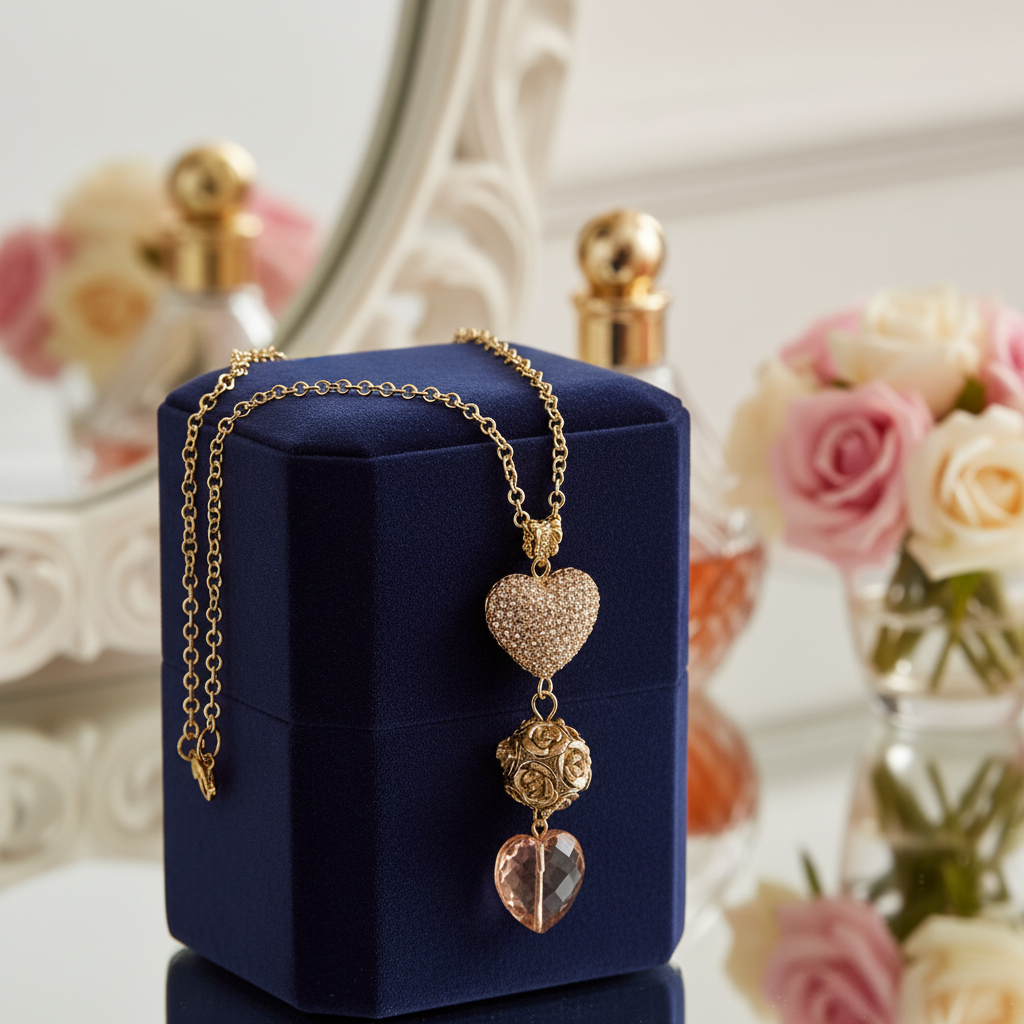 Sparkly Pavé Heart Necklace in Dusty Rose Pink