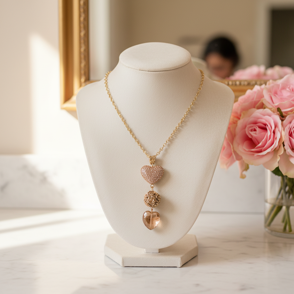 Sparkly Pavé Heart Necklace in Dusty Rose Pink