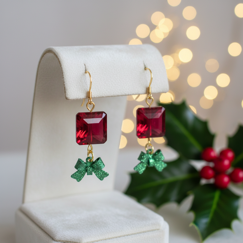 Christmas Present Earrings with Sparkly Green Bows