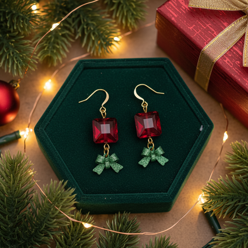 Christmas Present Earrings with Sparkly Green Bows