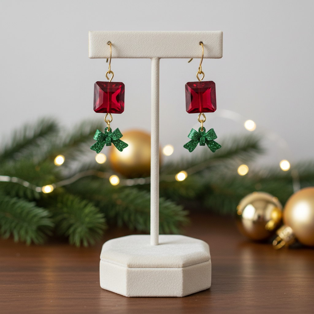Christmas Present Earrings with Sparkly Green Bows