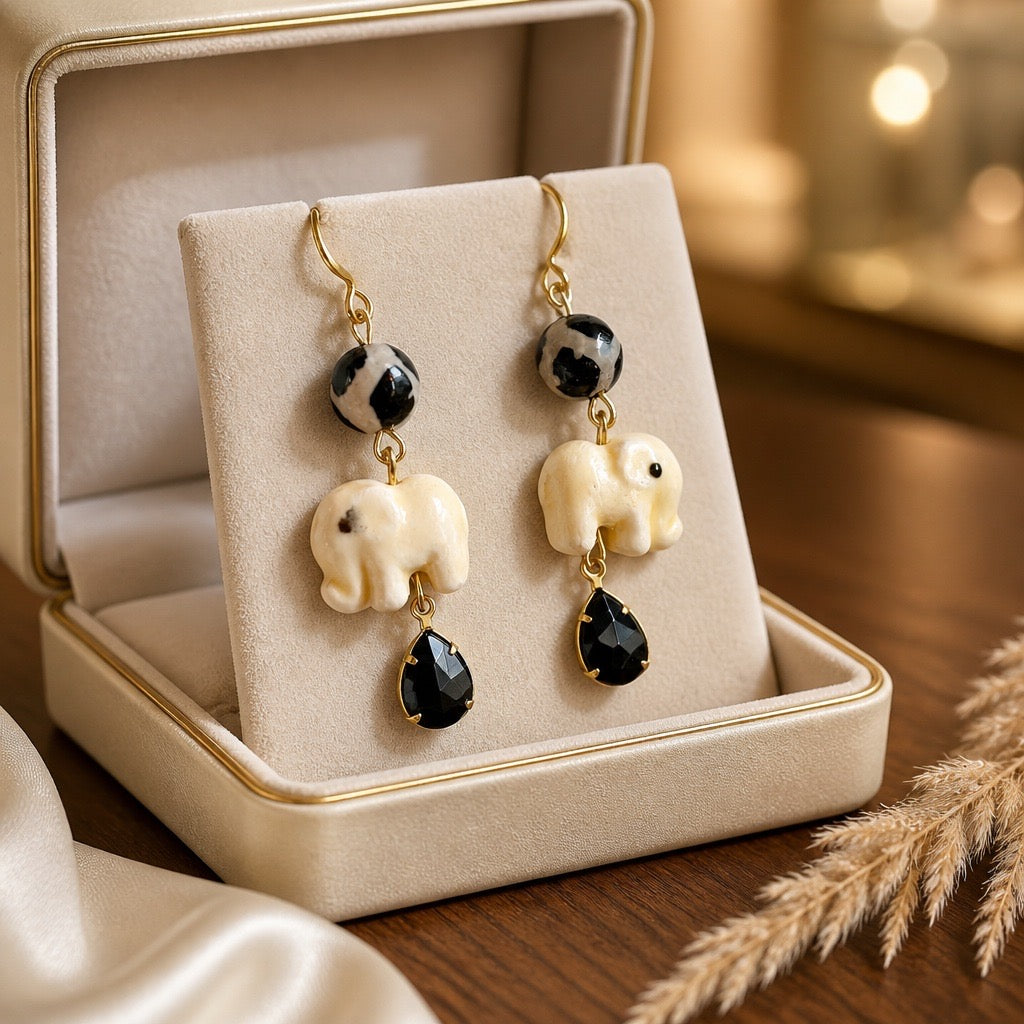 Agate & Ceramic Elephant Earrings