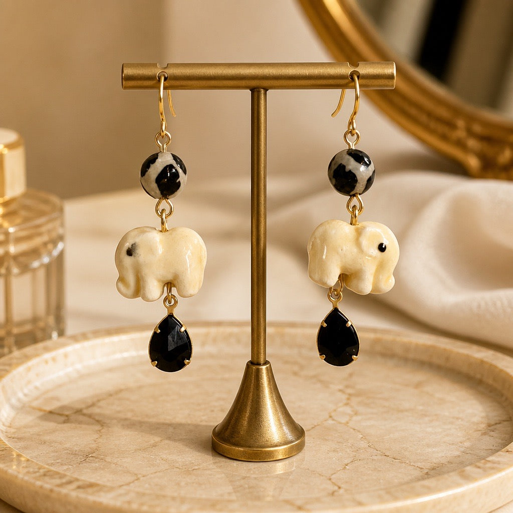 Agate & Ceramic Elephant Earrings