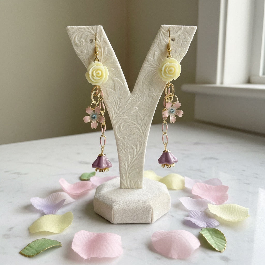Stone Rose & Flower Charm Earrings