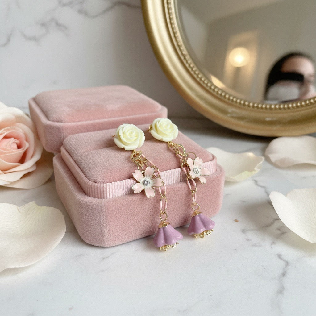 Stone Rose & Flower Charm Earrings