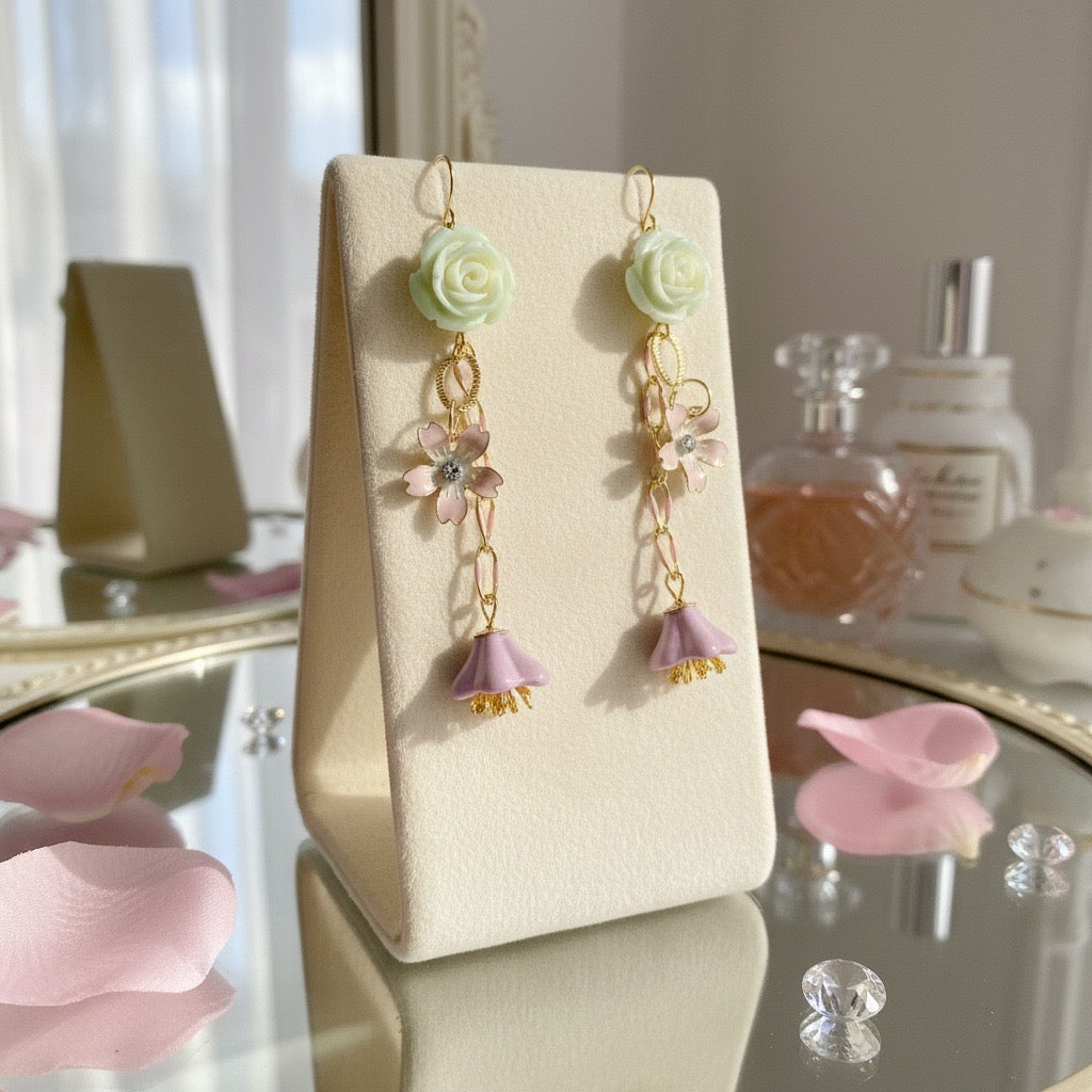 Stone Rose & Flower Charm Earrings