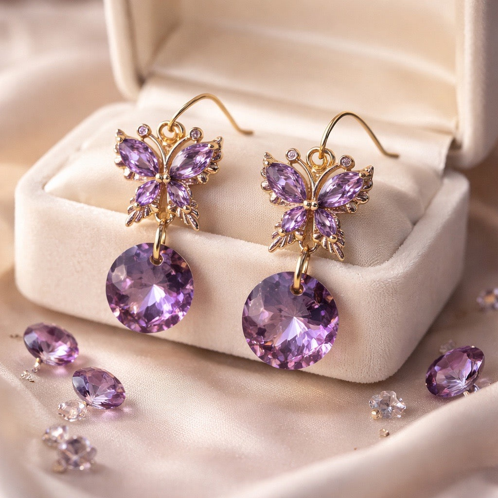 Purple Austrian Crystal Butterfly Earrings