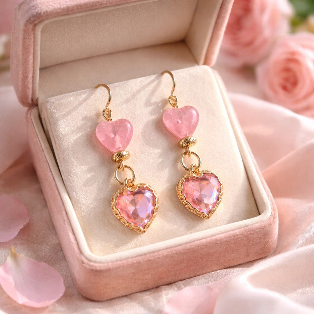 Coral Pink Crystal & Cherry Quartz Heart Earrings