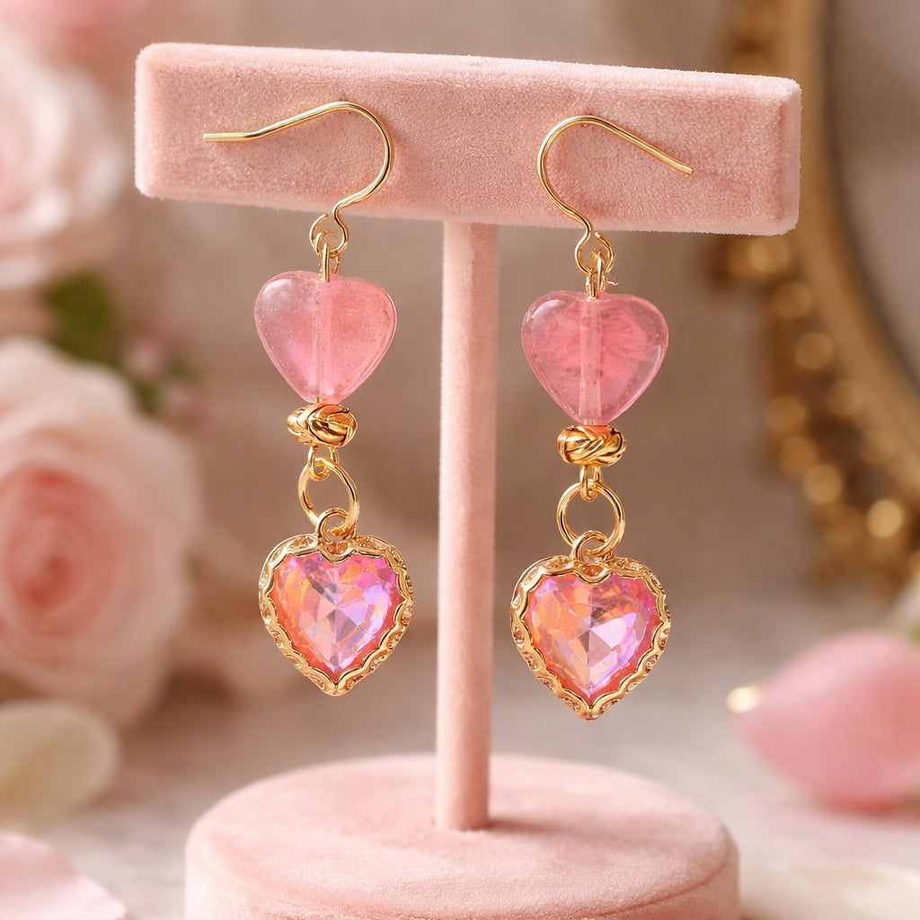 Coral Pink Crystal & Cherry Quartz Heart Earrings