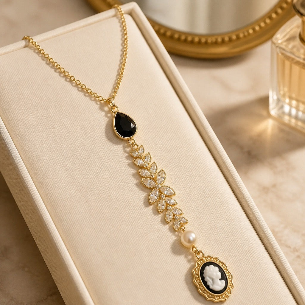 Cubic Zirconia, Onyx, & Cameo Necklace