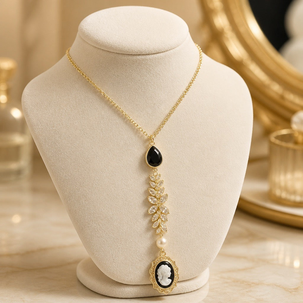 Cubic Zirconia, Onyx, & Cameo Necklace