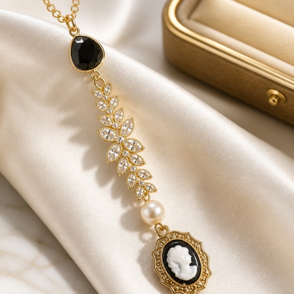 Cubic Zirconia, Onyx, & Cameo Necklace