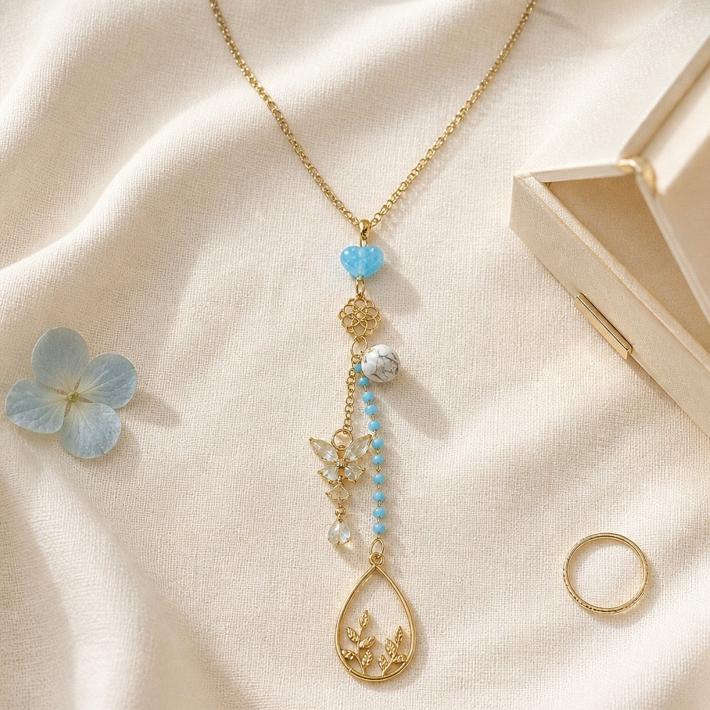 Light Blue Floral Butterfly Necklace