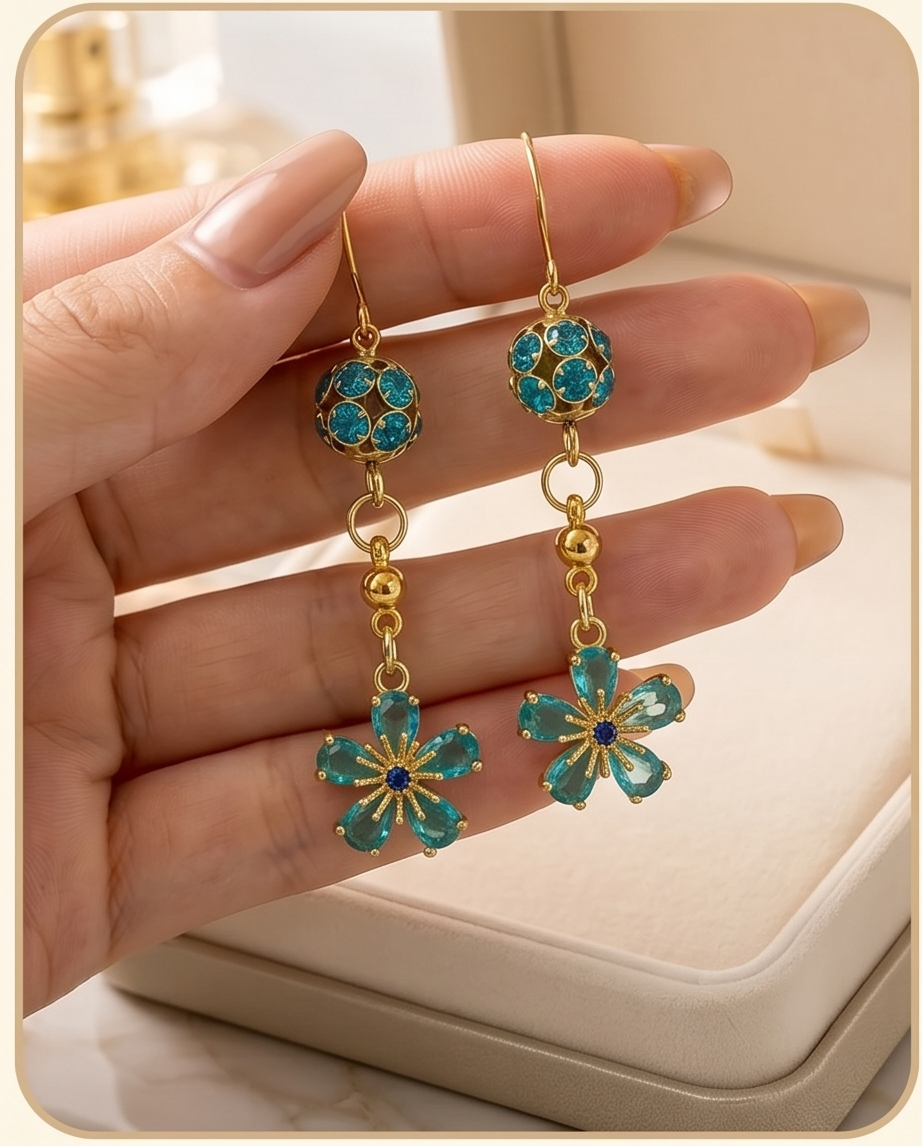 Cubic Zirconia Sparkly Flower Drop Earrings