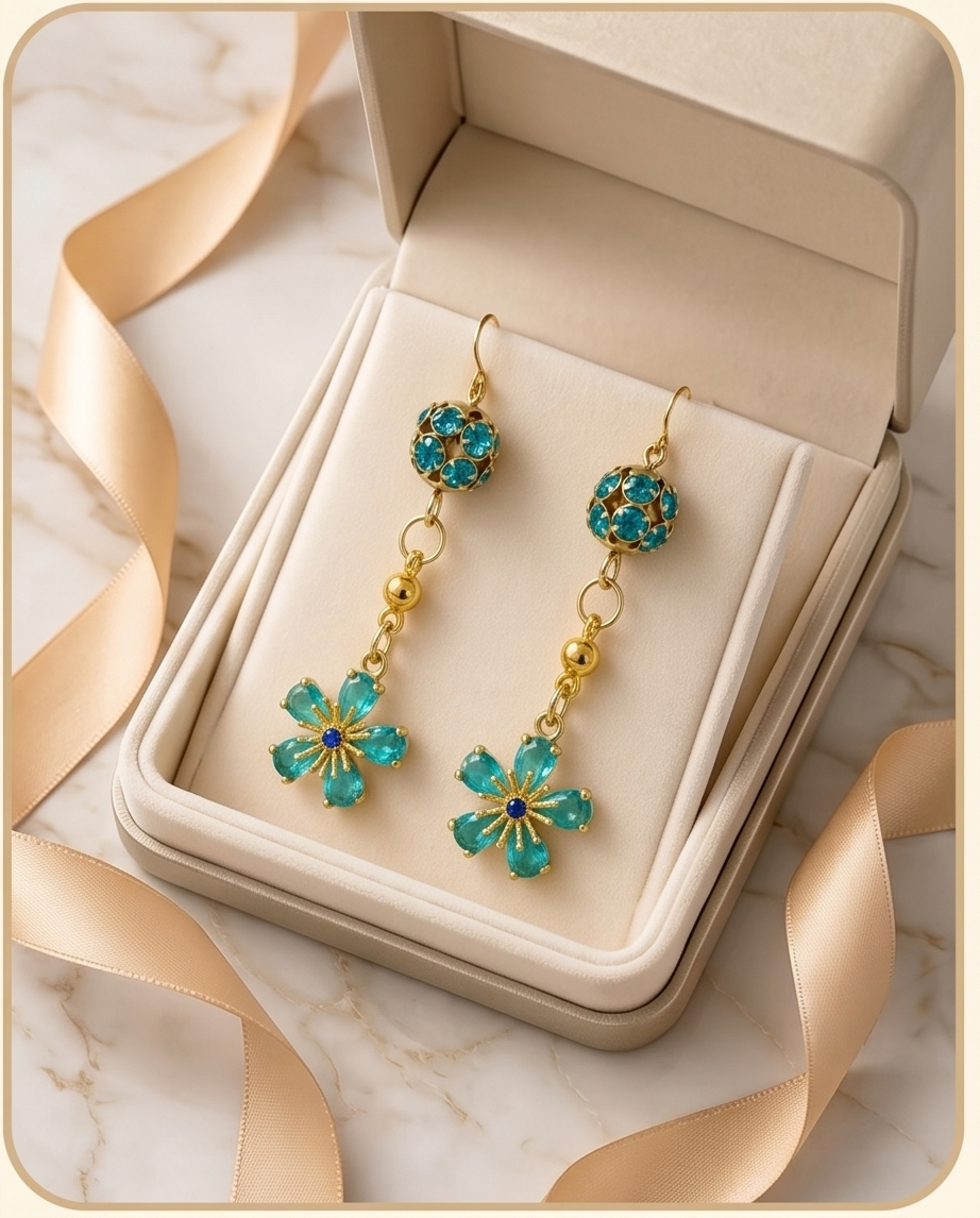 Cubic Zirconia Sparkly Flower Drop Earrings