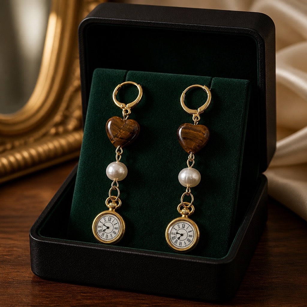 Pearl & Tigers Eye Pocket Watch Earrings