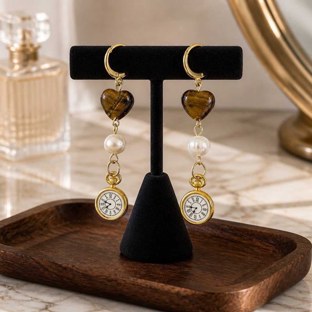 Pearl & Tigers Eye Pocket Watch Earrings