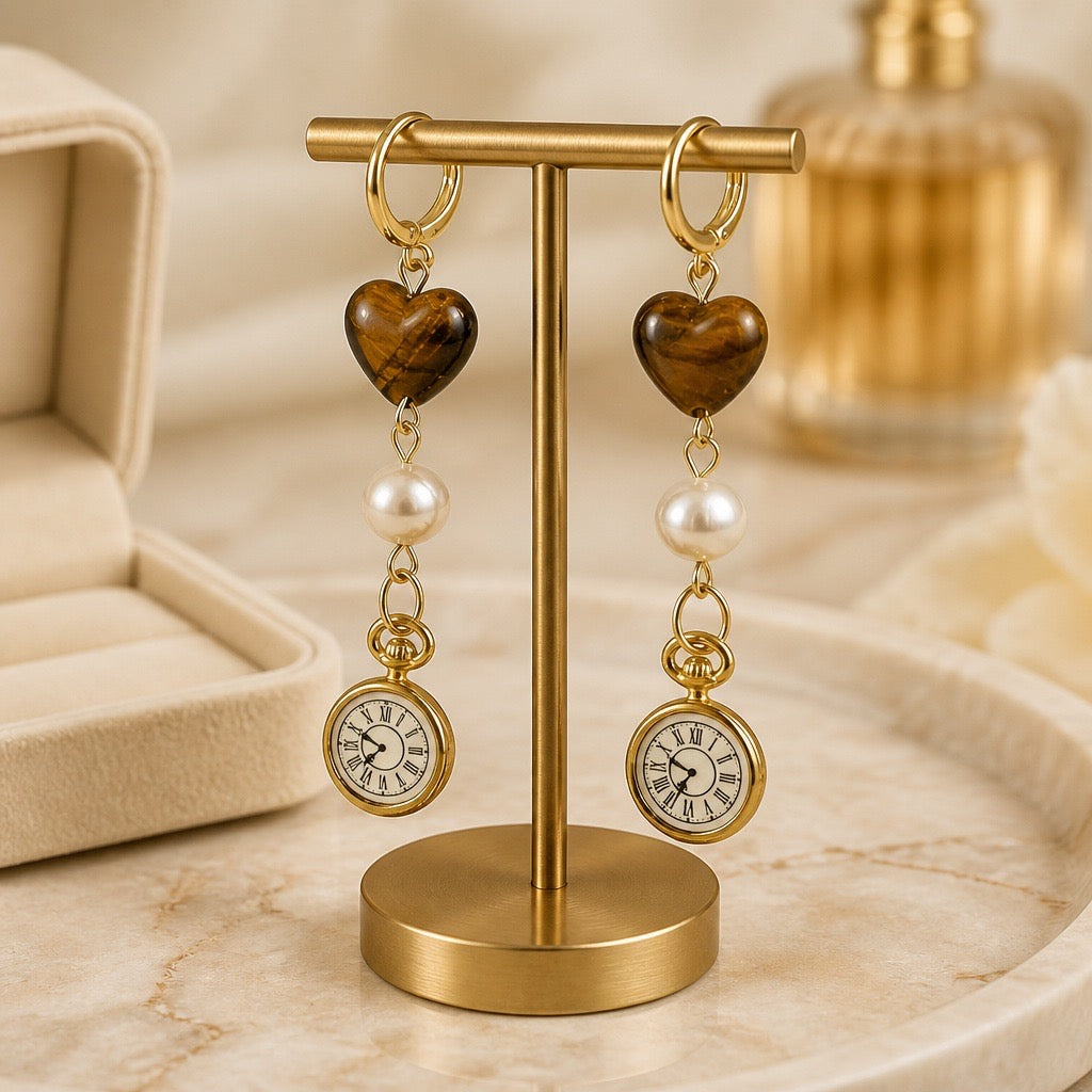 Pearl & Tigers Eye Pocket Watch Earrings